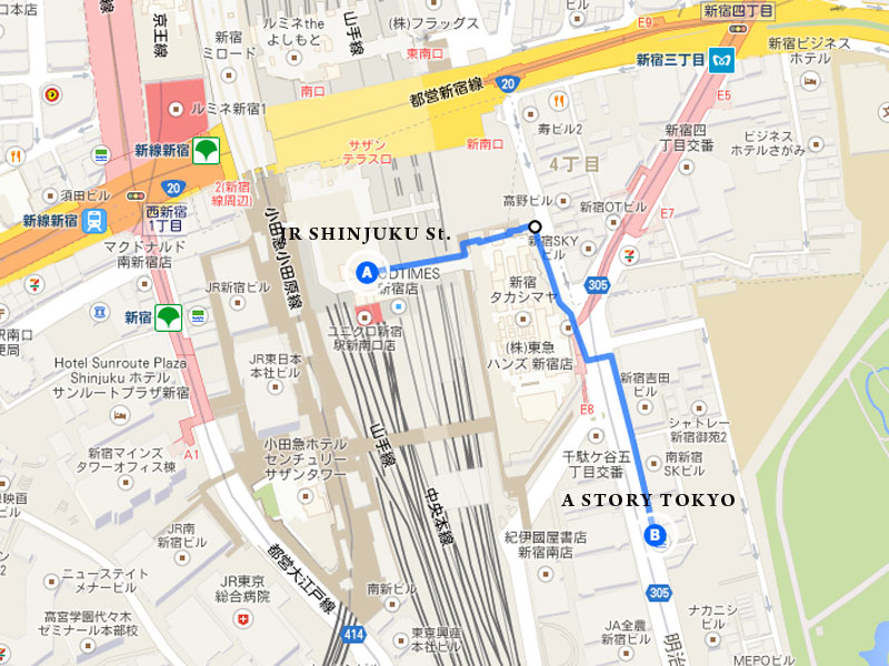 JR新宿駅 新南口からA STORYへの順路 地図
